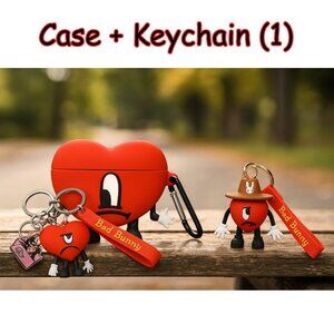 Bad Bunny Inspired AirPods Pro Case + Keychain Bundle – Heart Design, Silicone